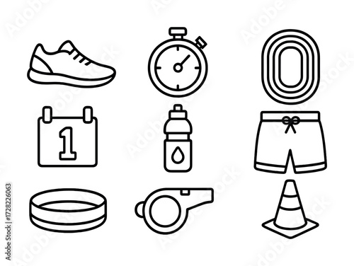 Outline icons: running shoe, stopwatch, track, calendar, water bottle, shorts, whistle, cone