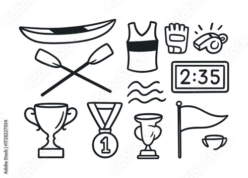 Outline icons of sports equipment and awards for rowing and racing