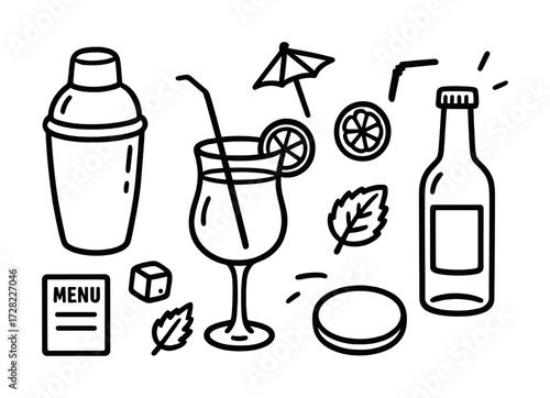 Cocktail elements: shaker, drink, bottle, menu, garnishes, ice cube, straw, umbrella