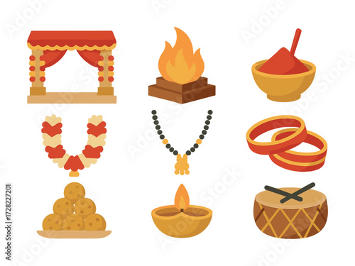 Colorful indian wedding symbols: mandap, fire, sindoor, garland, necklace, rings, sweets, lamp, drum