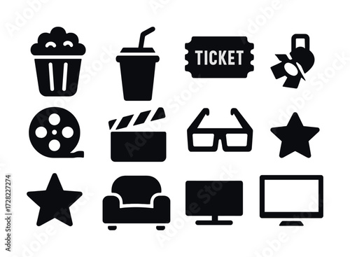 Cinema icons set: popcorn, drink, ticket, film reel, 3d glasses, couch, screen, star