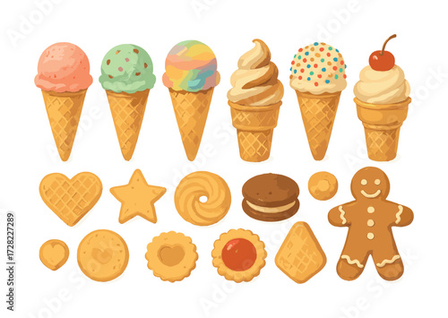 Variety of colorful ice cream cones and assorted cookies on white background