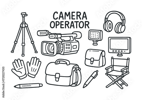 Camera operator essentials: equipment and tools drawn in black and white