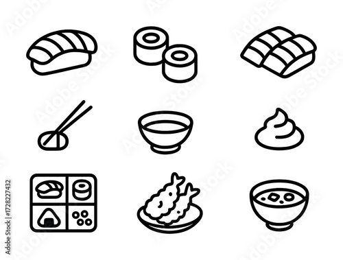 Assorted sushi icons: nigiri, rolls, bento, tempura, miso soup with line art style