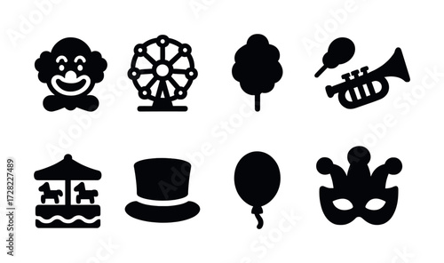 Carnival icons: clown, ferris wheel, cotton candy, trumpet, carousel, top hat, balloon, mask