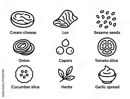 Bagel toppings line art: cream cheese, lox, sesame, onion, capers, tomato, cucumber, herbs, garlic