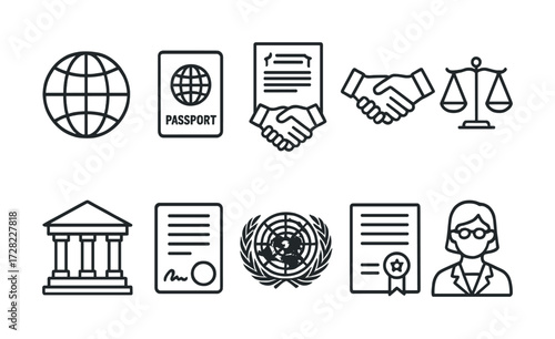 Global diplomacy and legal icons: passport, handshake, scales, building, document, united nations