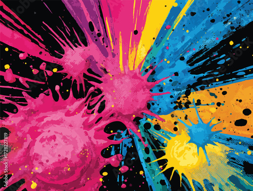 黒いキャンバス上で鮮烈なマゼンタ、シアン、イエローのインクが爆発的に広がり、創造性と活力を表現する抽象的なベクターイラストレーション。