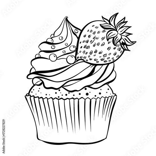 Whimsical Cup Cake Doodle with bold lines and sweet charm. Ideal for dessert-themed printables. A playful illustration for digital and print use.	