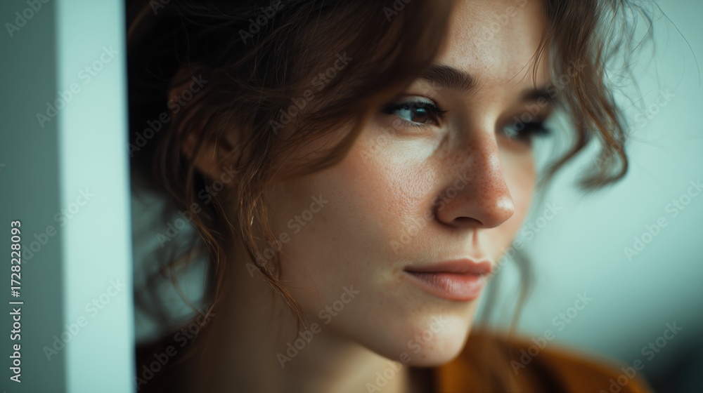 Naklejka premium Captivating portrait of a thoughtful woman indoor setting close-up