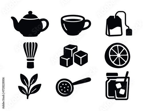 Tea icons set: teapot, cup, tea bag, whisk, sugar, lemon, leaves, strainer, jar