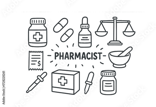 Pharmacist icons: medication bottles, mortar, scales, and pills line art