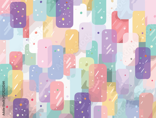 明るいパステル調の色彩が特徴的な半透明の幾何学図形がランダムに配置され、小さなドットがアクセントになった、遊び心溢れるベクター背景デザイン。