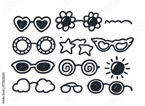 Various fun eyeglasses doodle collection with heart, star, and spiral designs