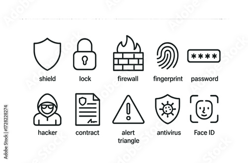 Cybersecurity icons: shield, lock, firewall, fingerprint, password, hacker, alert, antivirus, face id