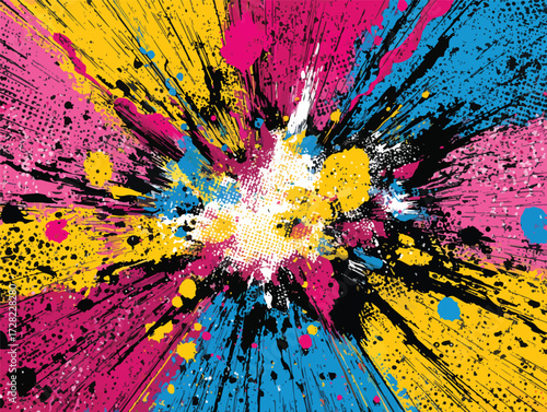 鮮やかな色彩が中心から四方八方に飛び散り、ダイナミックなエネルギーと創造性を表現した抽象的なスプラッシュアートのベクターイラストレーションで、デザイン背景やテクスチャに最適です。