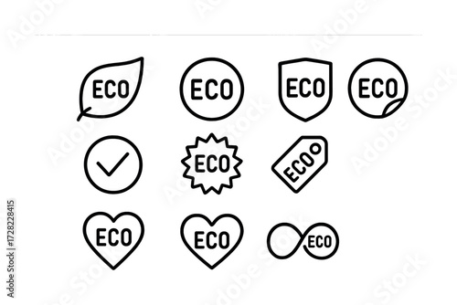 Set of eco-friendly icons featuring leaves, hearts, circles, and tags