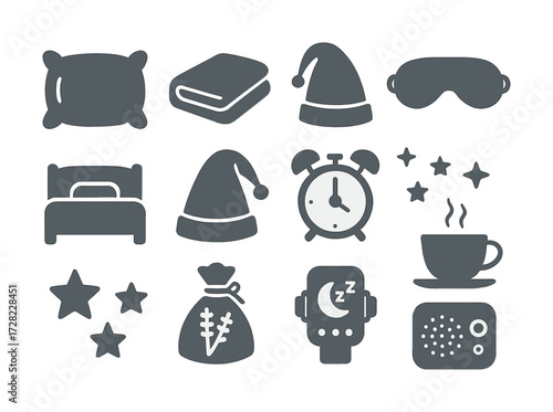 Sleep icons set: pillow, book, hat, bed, alarm clock, stars, tea, robot, speaker