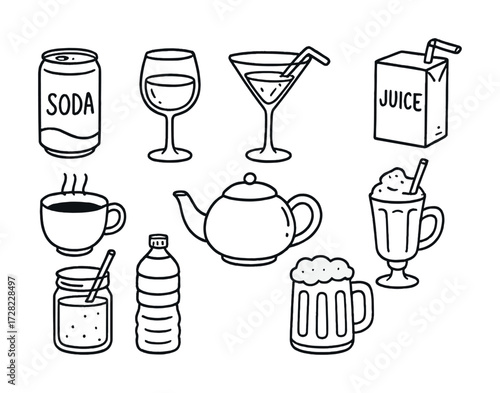 Assorted beverages collection: soda, wine, juice, coffee, and more