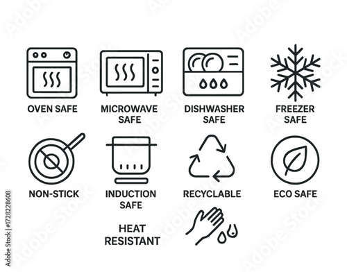 Kitchen safety symbols: oven, microwave, dishwasher, freezer, induction, recyclable, eco