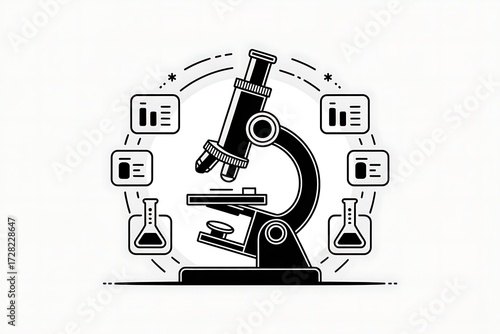 Microscope with science icons isolated on white background