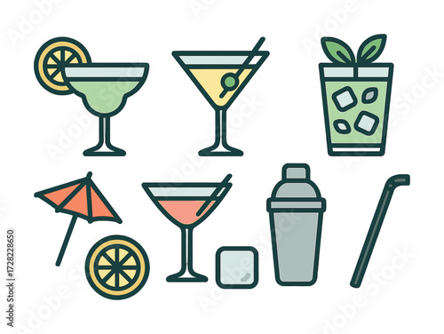 Colorful cocktail and drink icons set with garnishes and glasses