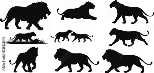 Lion silhouettes, wild animal poses, African wildlife art, majestic lions walking, lioness and cubs, nature illustration, safari design elements