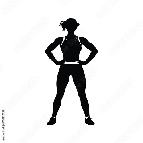 Silhouette of a confident athletic woman in sportswear standing with hands on hips, athlete woman silhouette vector illustration