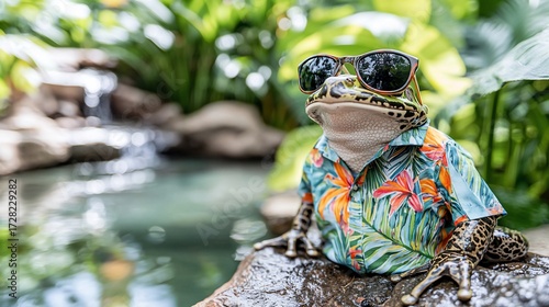 Frog in Hawaiian shirt, sunglasses, tropical setting