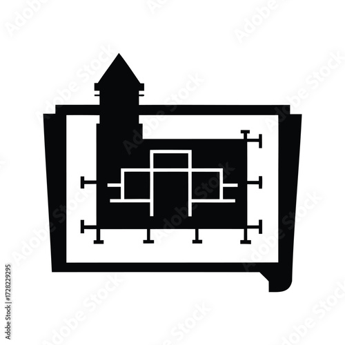 Architectural floor plan blueprint with tower and room division details, blueprints silhouette vector illustration