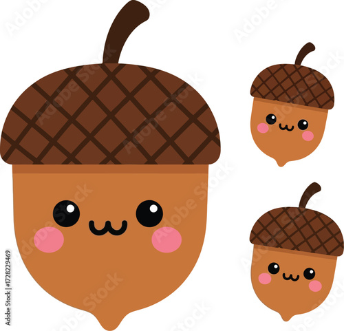 Cute Cartoon Acorn Illustration with Smiling Faces and Cheeks

