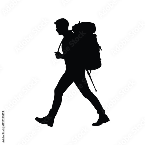 Silhouette of a man hiking with a backpack in a minimalist style, camper hiking with backpack silhouette vector illustration