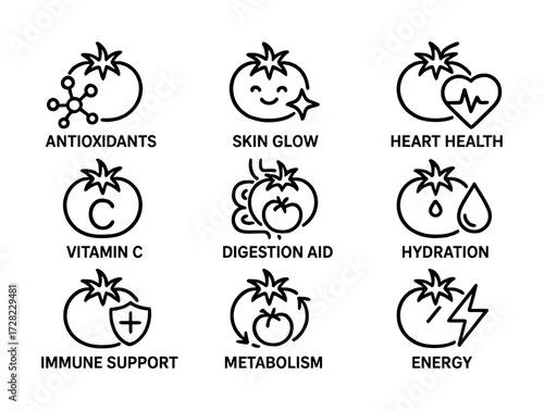 Tomato benefits icons: antioxidants, skin glow, heart health, vitamin c, digestion aid, hydration