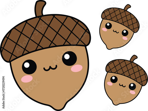 Cute Cartoon Acorn Illustration with Smiling Faces and Cheeks

