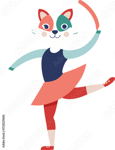 A charming illustration of a stylized fox character dressed as a ballerina, performing a graceful dance pose with a pink tutu and blue leotard.