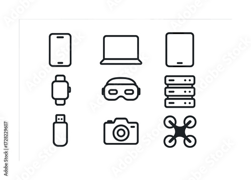 Digital devices icons: smartphone, laptop, tablet, smartwatch, vr headset, server, usb, camera, drone