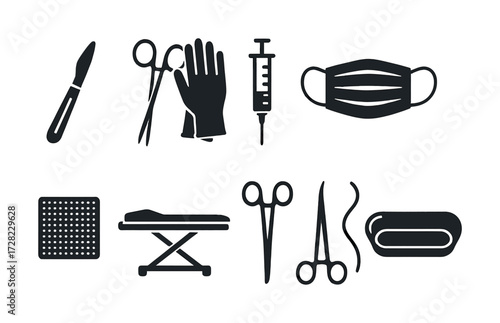 Medical instruments set: scalpel, scissors, gloves, syringe, mask, gauze, stretcher, forceps, tape
