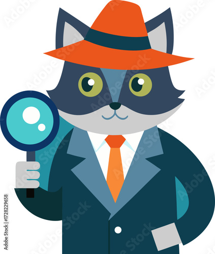 A charming cartoon cat dressed as a detective, wearing a suit and hat, holds a magnifying glass, ready to solve a puzzle.