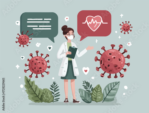 パンデミック下でマスクを着用した医療従事者が、コロナウイルス感染症に関する情報提供と人々の健康維持の重要性を訴える、視覚的に魅力的なベクターイラストレーションです。