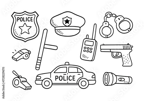 Police equipment doodles: car, badge, handcuffs, hat, baton, radio, flashlight, whistle, gun