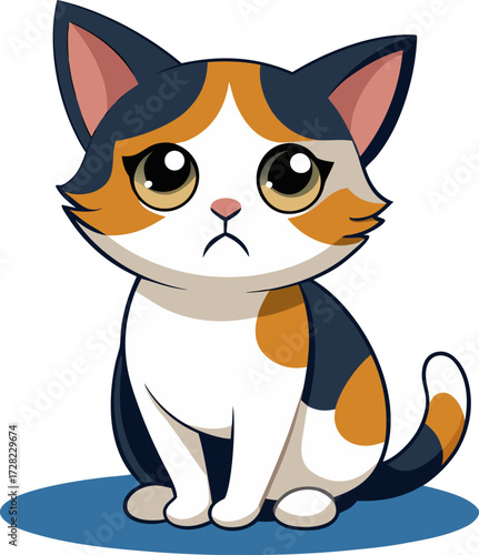 A cute, cartoon calico kitten with large, expressive eyes sits patiently, casting a soft shadow on a white background.