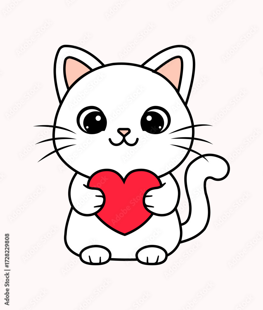 Obraz premium Vector art of cute white cat holding a red heart