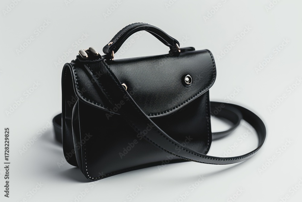 Naklejka premium Leather handbag fashion accessory features black color and white stitching with a top handle and strap on a plain background