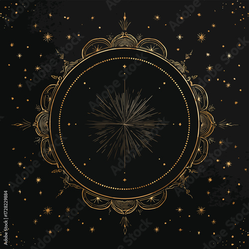 煌めく星々が散りばめられた漆黒の背景に、精巧な金色の装飾が施された神秘的な円形フレームが輝き、宇宙の深淵と調和を象徴するエレガントなベクターアート。