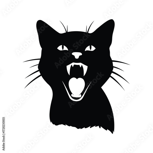 A ferocious black cat showing its fangs, ready to pounce and attack, cat meowing silhouette vector illustration
