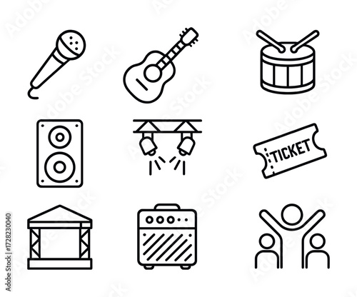 Musical icons: microphone, guitar, drum, speaker, spotlight, ticket, stage, amplifier, crowd