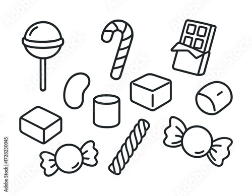 Outline icons of various sweets including candy, chocolate, lollipop, and marshmallow