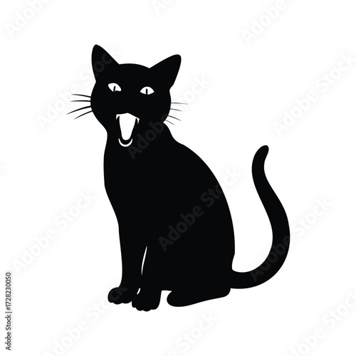 Silhouette of a black cat with fangs in a seated position, cat meowing silhouette vector illustration