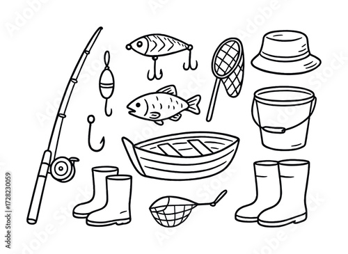 Illustration of fishing gear: rod, lures, fish, boat, and accessories