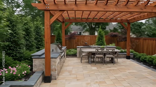 Outdoor patio with wooden pergola, stone kitchen and dining area in the garden